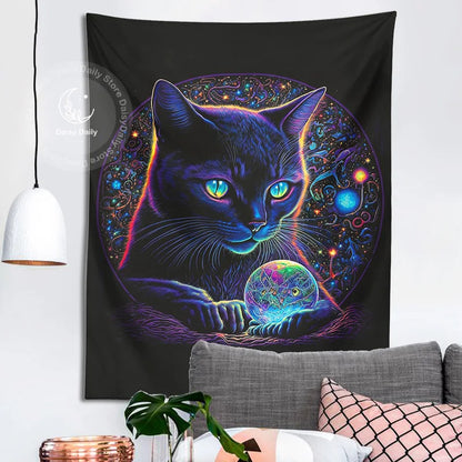 Decobites Black Cat Tapestry: Trippy Magic Crystal Ball Wall Art for Boho Home Decor