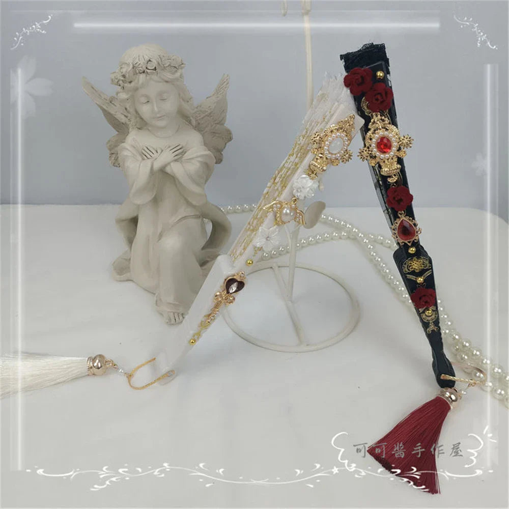 DecorBites™ Elegant Gemstone Handle Lace Fan for Dark Gothic Court Party