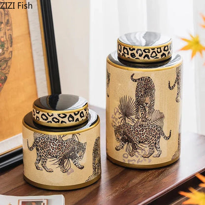 DecorBites™ Leopard Pattern Tank Ceramic Storage Jar with Lid for Jewelry and Cosmetics