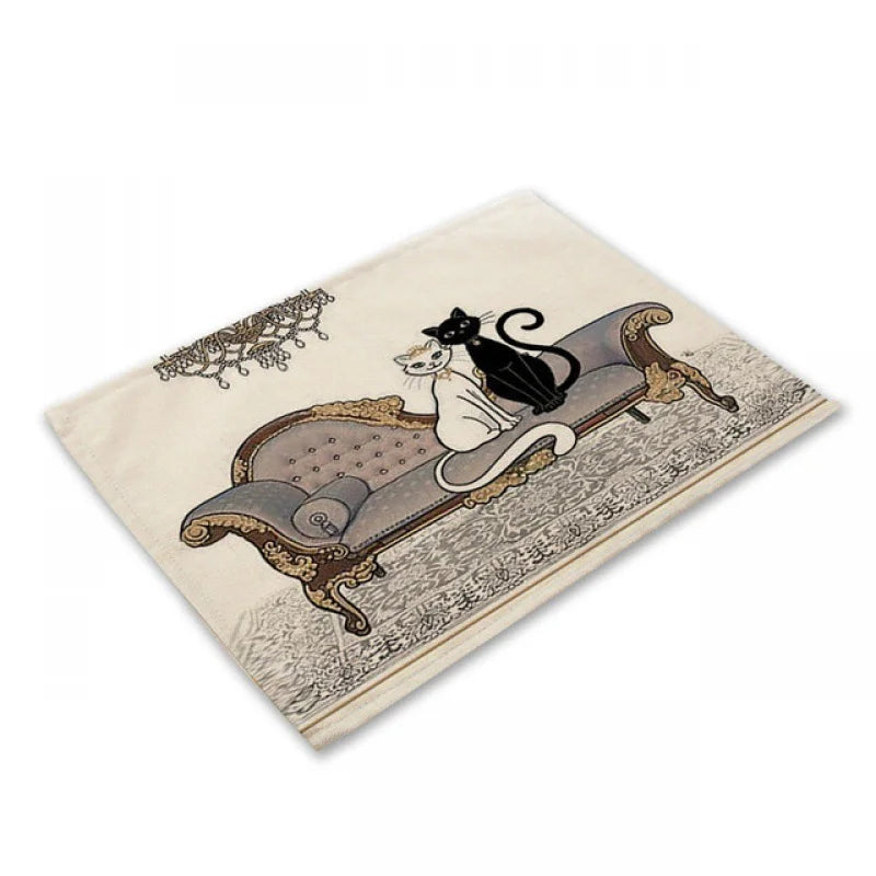 DecorBites™ Black Cat Linen Placemat Set for Dining Table & Kitchen Decor