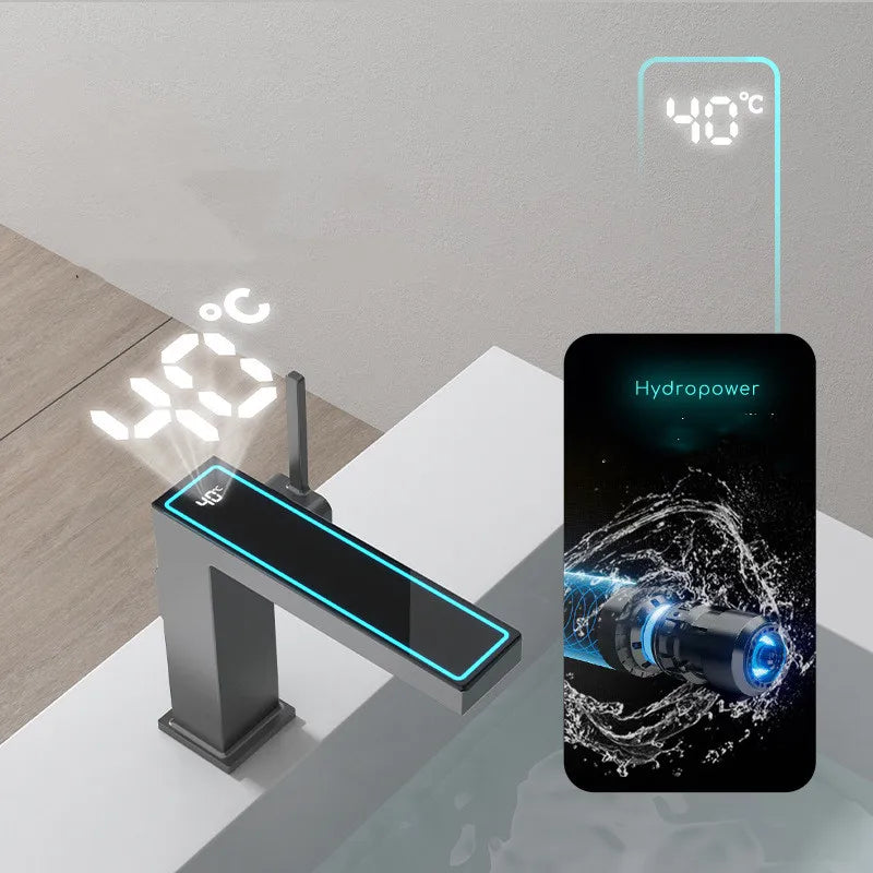 DecorBites™ Digital Display Square Sink Mixer with Single Handle in Gray.