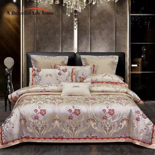 Decobites Silky Satin Jacquard Cotton Bedding Set, Luxury European Style, 4 or 6 Pcs