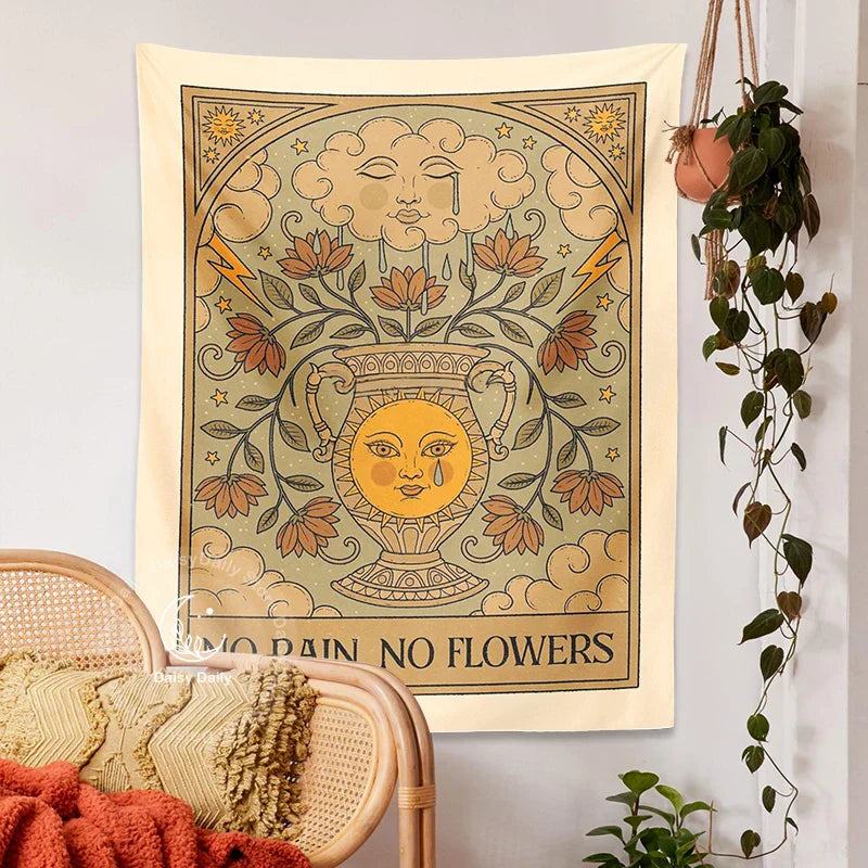 Decobites Sunflower Tapestry No Rain No Flowers Tarot Psychedelic Vase Wall Hanging