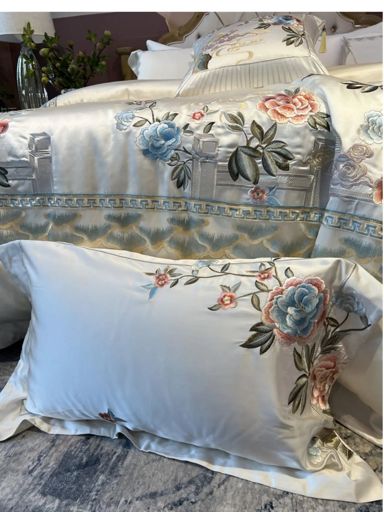 Decobites Luxe Peony Embroidered Bedding Set with Egyptian Cotton, Duvet Cover, Sheet, Pillowcase