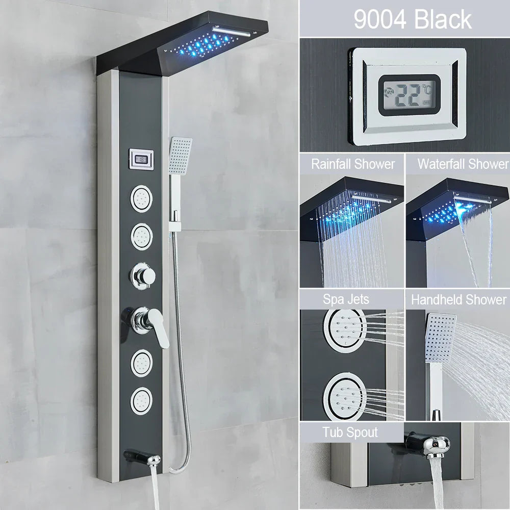 مجموعة دش مطري DecorBites™ أسود بإضاءة LED وشلال مع نفاثات تدليك