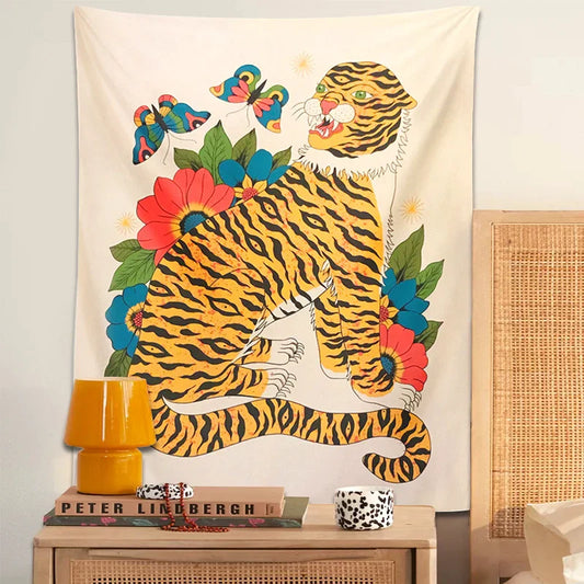 Decobites Tiger Tapestry: Hippie Boho Wall Hanging with Floral Butterfly, Psychedelic Animal Art