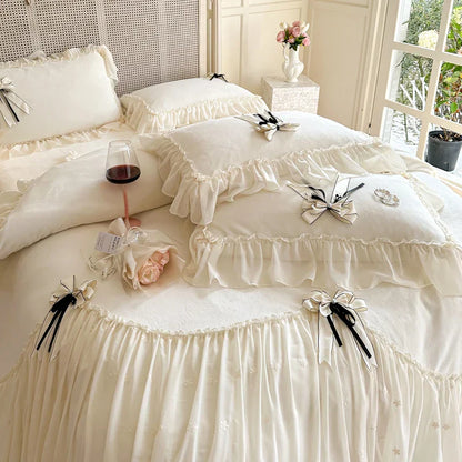 DecorBites™ Lace Ruffles Princess Bedding Set, Velvet Duvet Cover, Plush Bed Sheet, Pillowcases