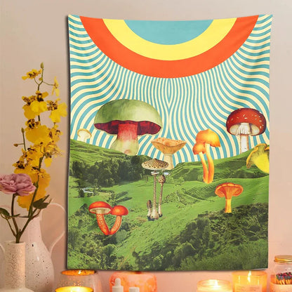 Psychedelic Mushroom Mountain Tapestry by Decobites - Hippie Bohemian Wall Decor