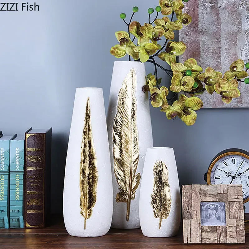 Juego de Jarrón de Pluma Dorada Decorbites™ y Flores Artificiales - Decoración Moderna para el Hogar