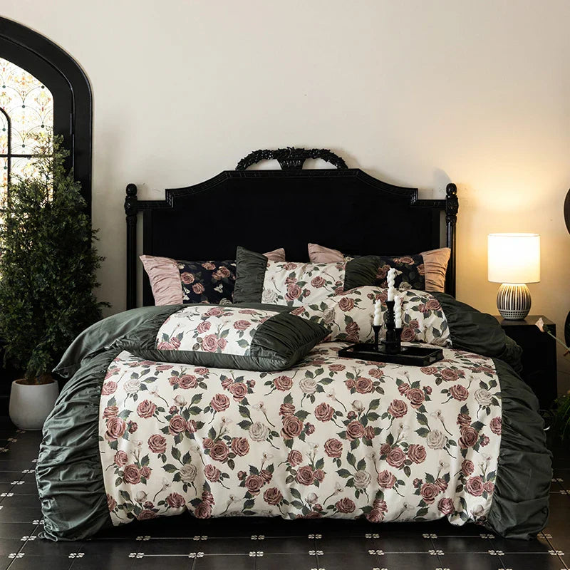 Decobites Vintage Rose Print Ruffles Bedding Set: 800TC Egyptian Cotton, Duvet Cover, Sheet, Pillowcases