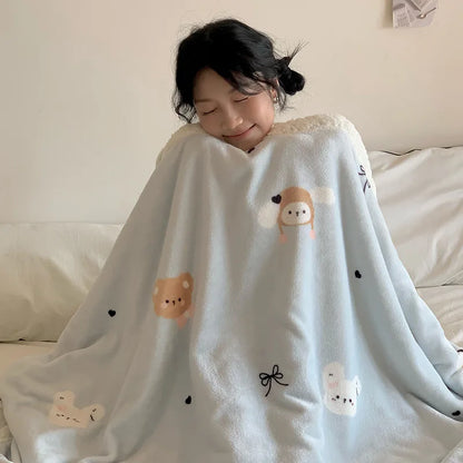 DecorBites™ Cartoon Lamb Wool Blanket - Thick, Printed Coral Fleece Sofa Cover