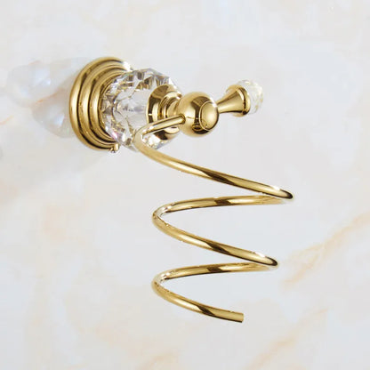 DecorBites™ Brass and Crystal Bathroom Accessories Set: Shelf, Robe Hook, Paper Holder, Brush Holder