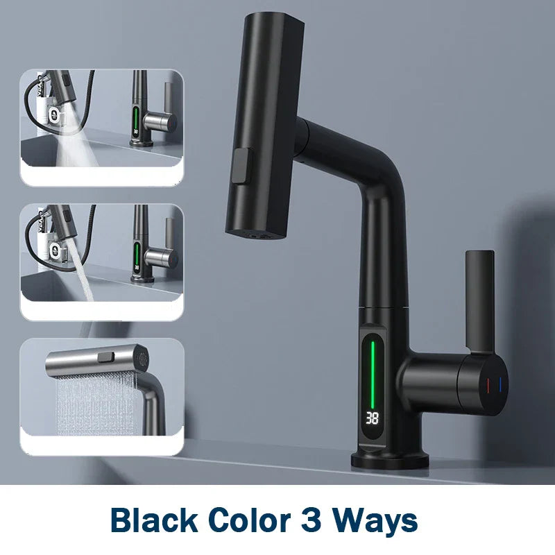 DecorBites™ Digital Display Basin Faucet with 3-Way Nozzle: Pull Out, Rainfall Stream, Hot Cold Mixer