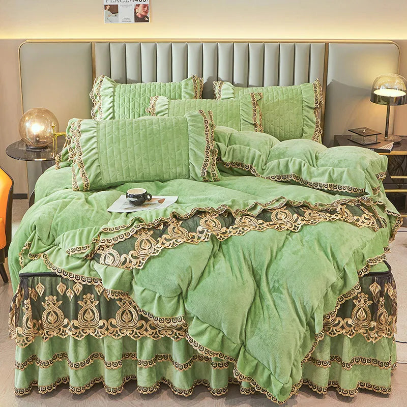 Decobites Velvet Bedding Set with Gold Lace Ruffles, Removable Bed Skirt & Pillowcase