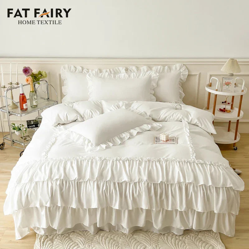 DecorBites™ Lace Ruffle Princess Bedding Set with Bed Skirt & Pillowcases