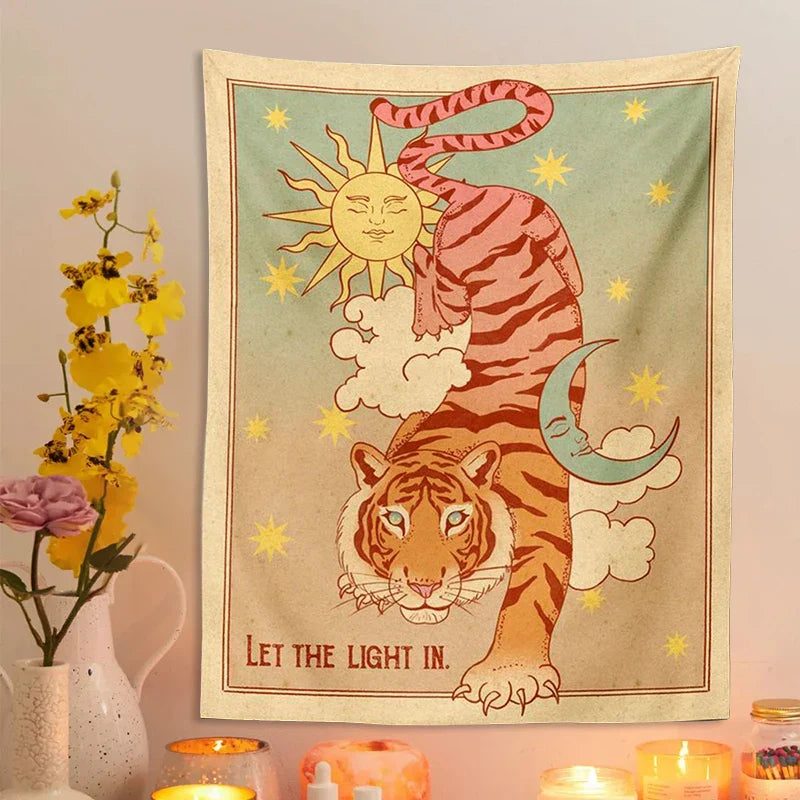 Decobites Tarot Tiger Tapestry: Celestial Wall Art for Living Room, Bedroom Decor