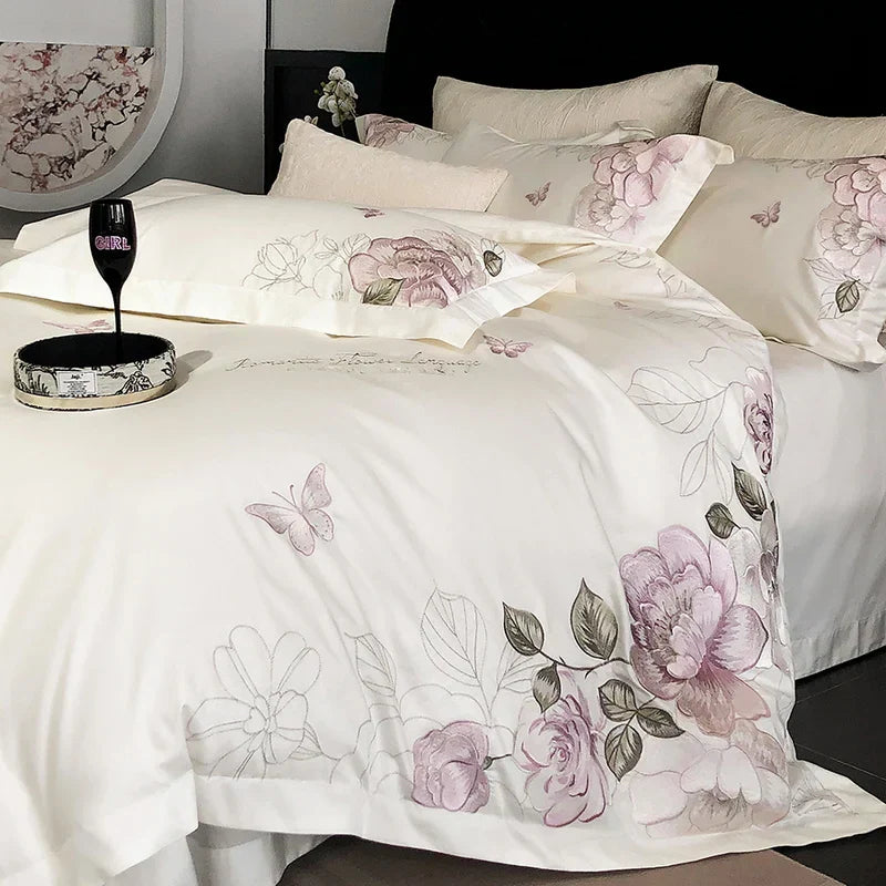 Decobites Butterfly Flowers Embroidery 600TC Egyptian Cotton Bedding Set: Duvet Cover, Bed Sheet, Pillowcases