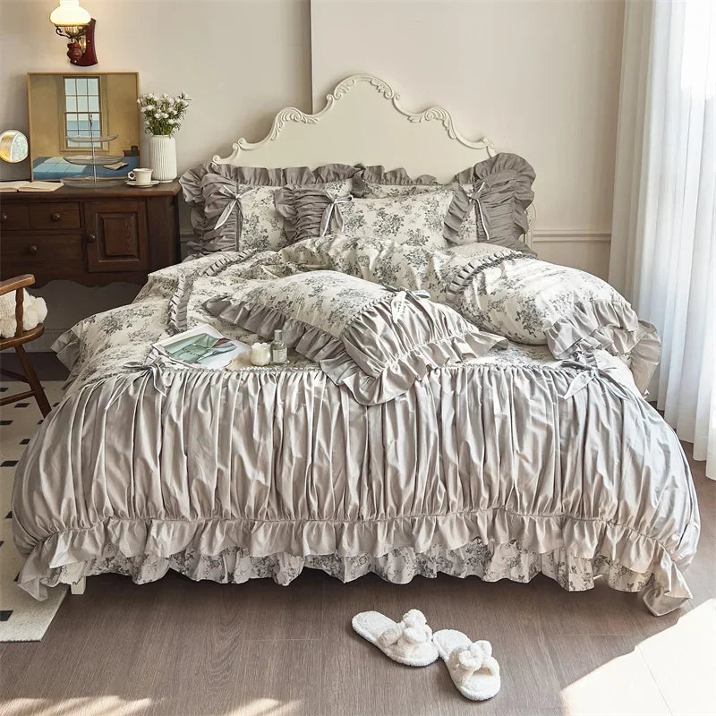 Decobites French Vintage Flowers Cotton Bedding Set with Lace Ruffles & Pleats