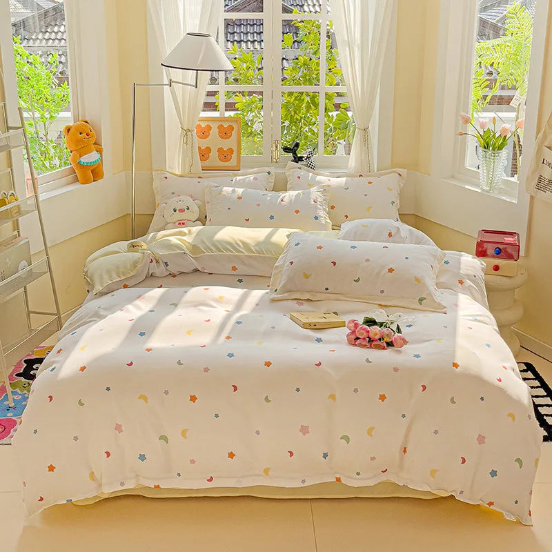 DecorBites™ Cartoon Printed Bedding Set: Soft Cozy Duvet Cover, Bedsheet, Pillowcase, Single Double Bedclothes