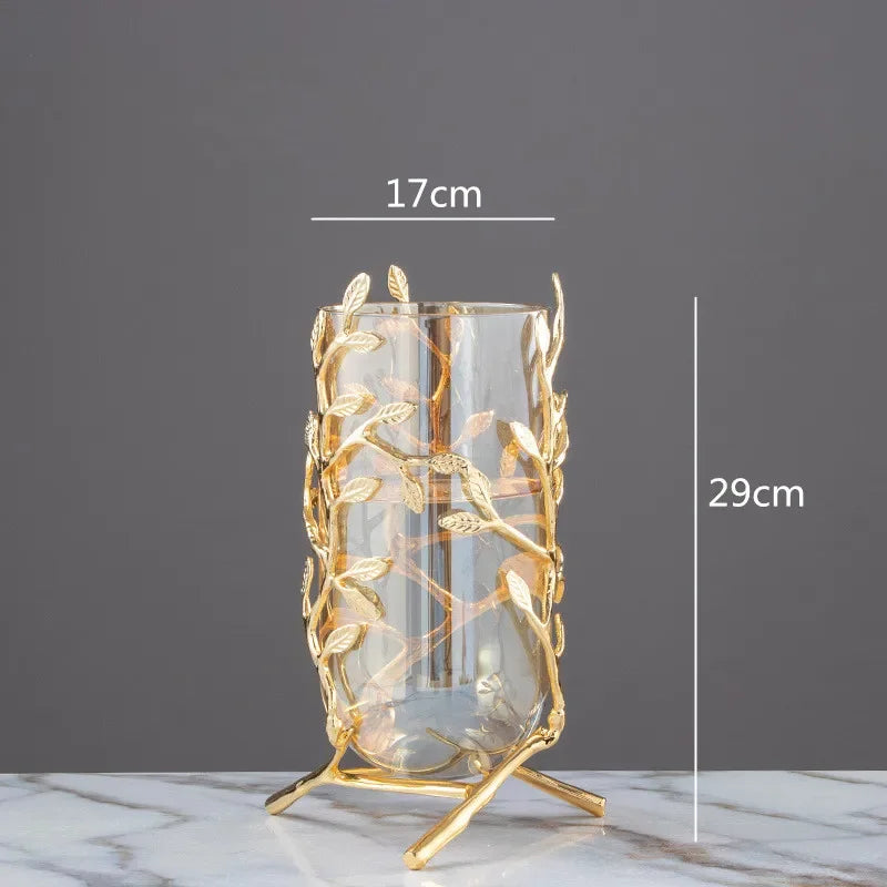 DecorBites™ Gold Frame Glass Vase with Rattan Branches for Home Decor & Flower Arrangement