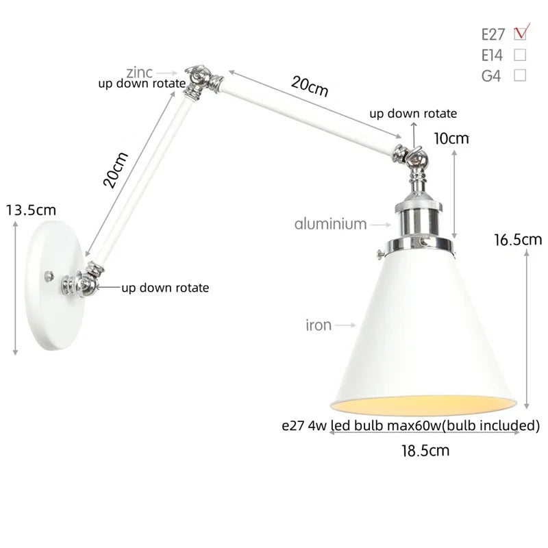 Decorbites™ Industrielle Linse Vintage-Loft-LED-Wandleuchte mit Schwingarmen und Zugschalter