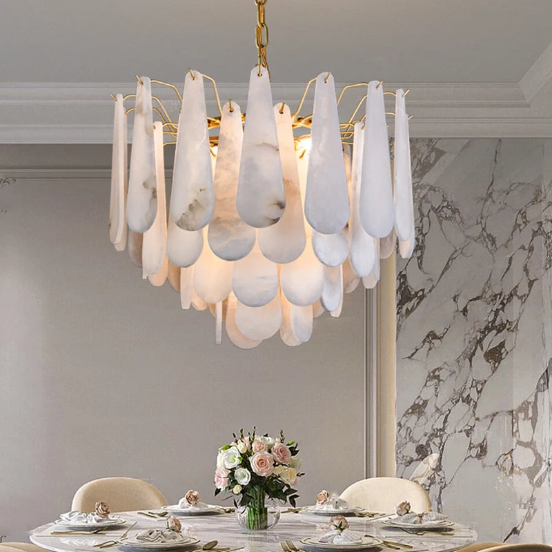 Lámpara Colgante de Mármol Francés Moderno en Cobre E14 LED Forma de Gota de Agua Candelabro para Sala de Estar Comedor Dormitorio Decoración del Hogar Luces