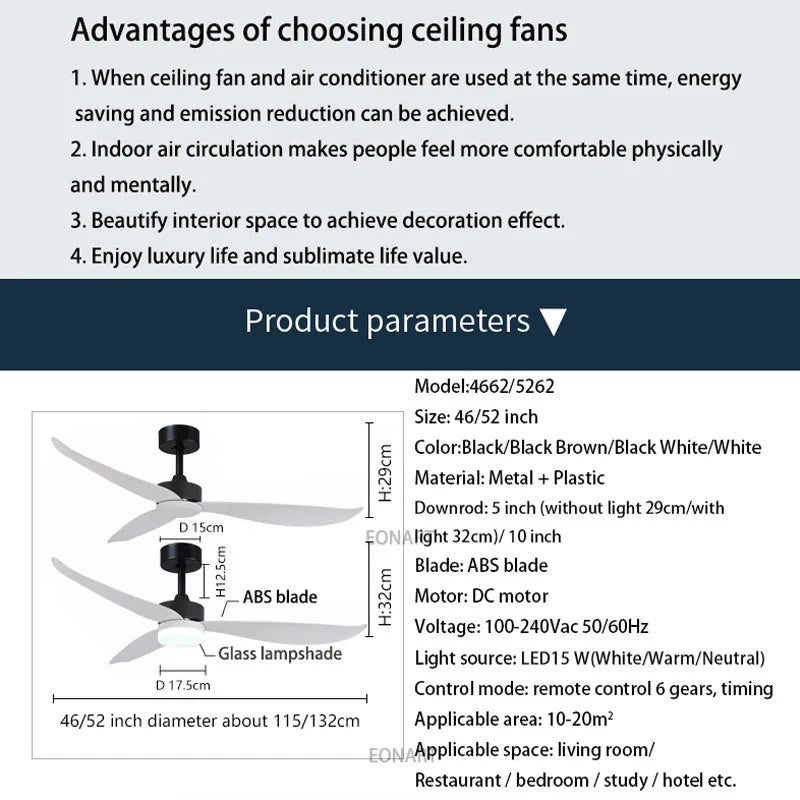 DecorBites™ 46" Plastic Blade Ceiling Fan with Remote Control for Living Room
