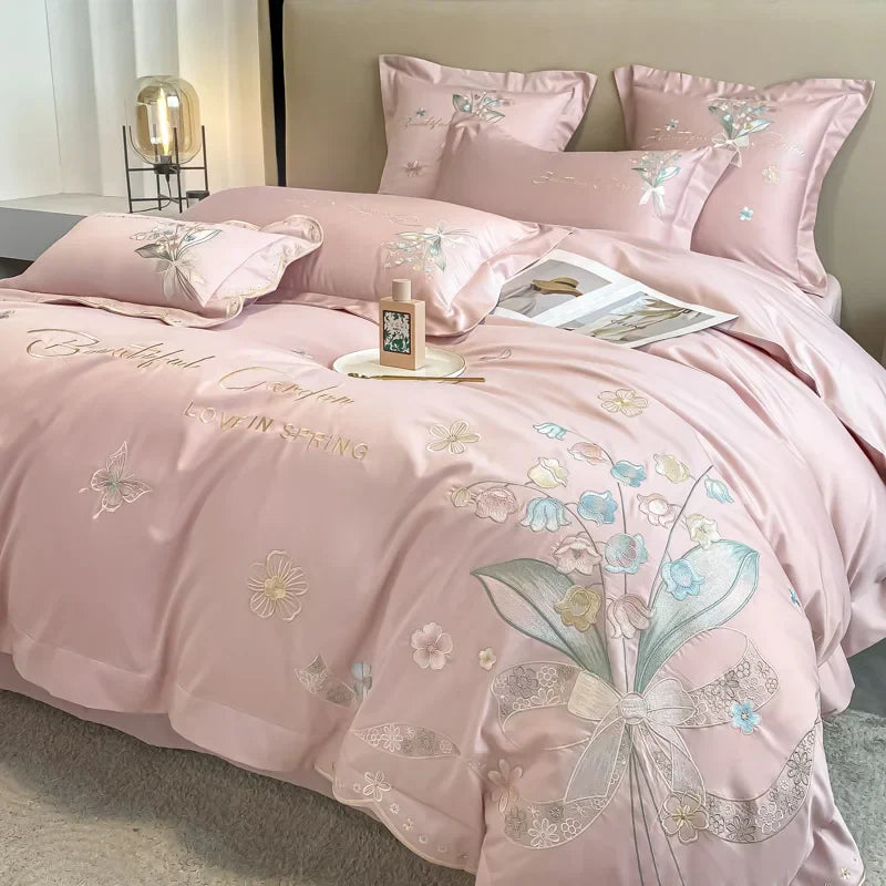 DecorBites™ Chic Flowers Embroidery Princess Bedding Set - 100% Egyptian Cotton - Duvet Cover, Sheet, Pillowcases