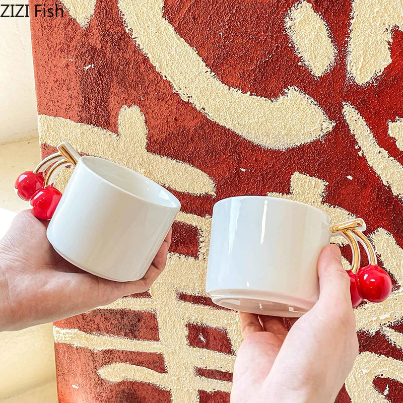 DecorBites™ Cherry Handle Mug: White Ceramic Tea & Coffee Cup for Dining Table