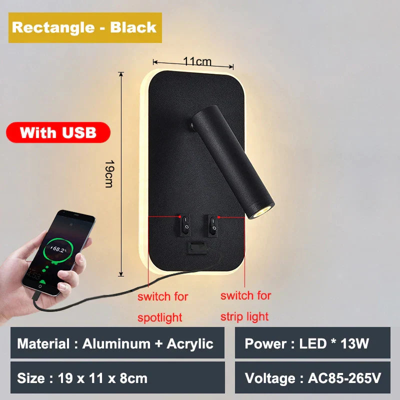 مصباح حائط DecorBites™ قابل للتعديل بقوة 10 وات مع مفتاح - غرفة نوم فندقية للدراسة والقراءة