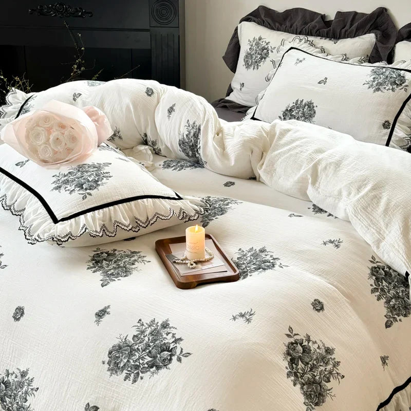 Decobites Ruffled Embroidery Cotton Bedding Set: Duvet Cover, Sheet Set, Pillowcase