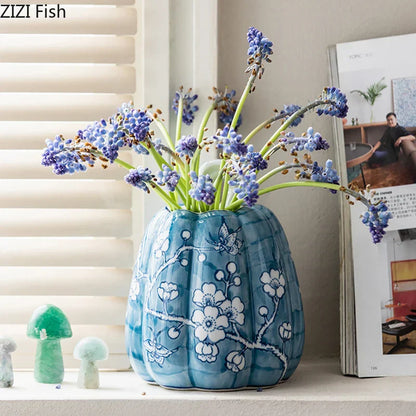 DecorBites™ Blue White Porcelain Pumpkin Vase Desk Decoration Artificial Flowers Bouquet