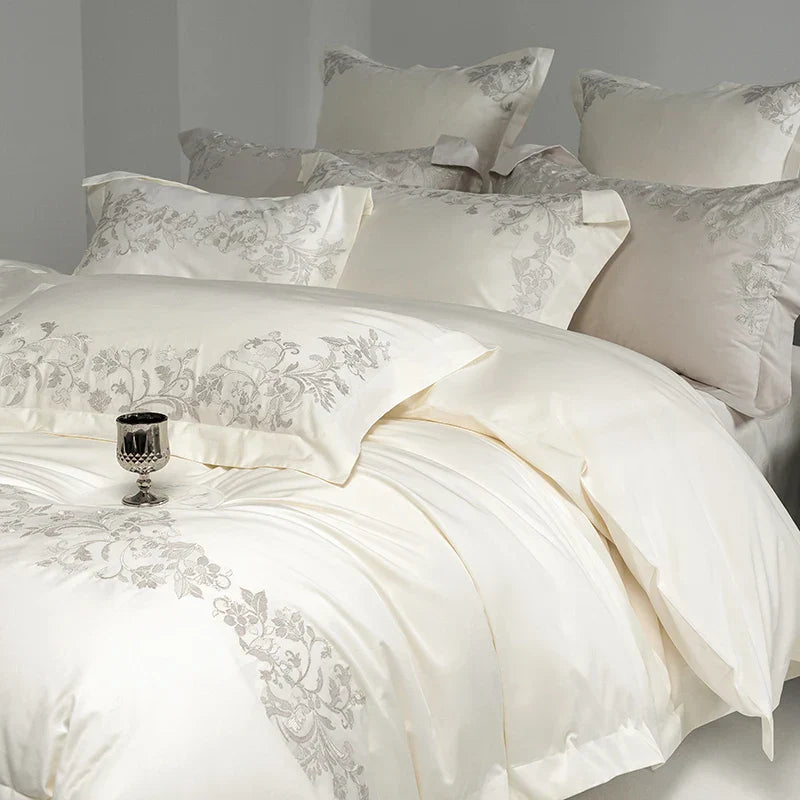 Decobites Luxury Embroidery Bedding Set: Pearl White 1000TC Egyptian Cotton Duvet Cover, Sheets, Pillowcases