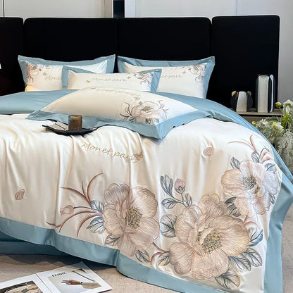 Decobites Pink Flowers Embroidery Cotton Luxury Bedding Set: Duvet, Sheet, Pillowcases - 4Pcs