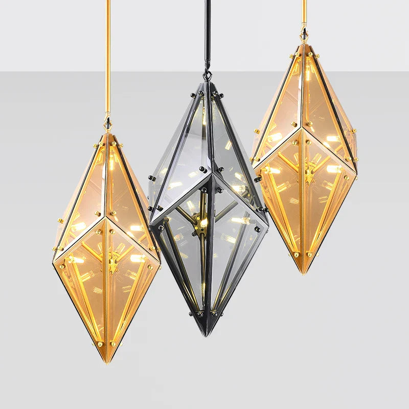 DecorBites™ Diamond Glass LED Pendant Light Smoky Gray Amber Hanging Lamp for Living Room