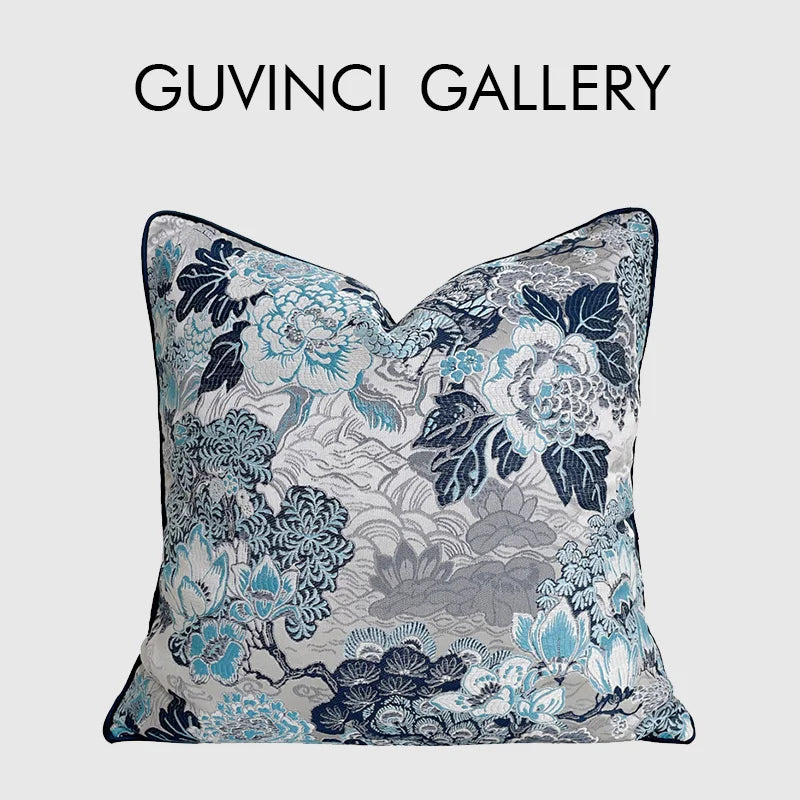 DecorBites™ Chinoiserie Blue Peony Floral Jacquard Cushion Cover - Oriental Art Decor for Sofa