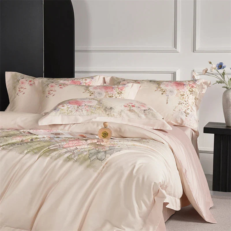 Decobites Flowers Pattern 1000TC Egyptian Cotton Luxury Bedding Set & Silk Duvet Cover