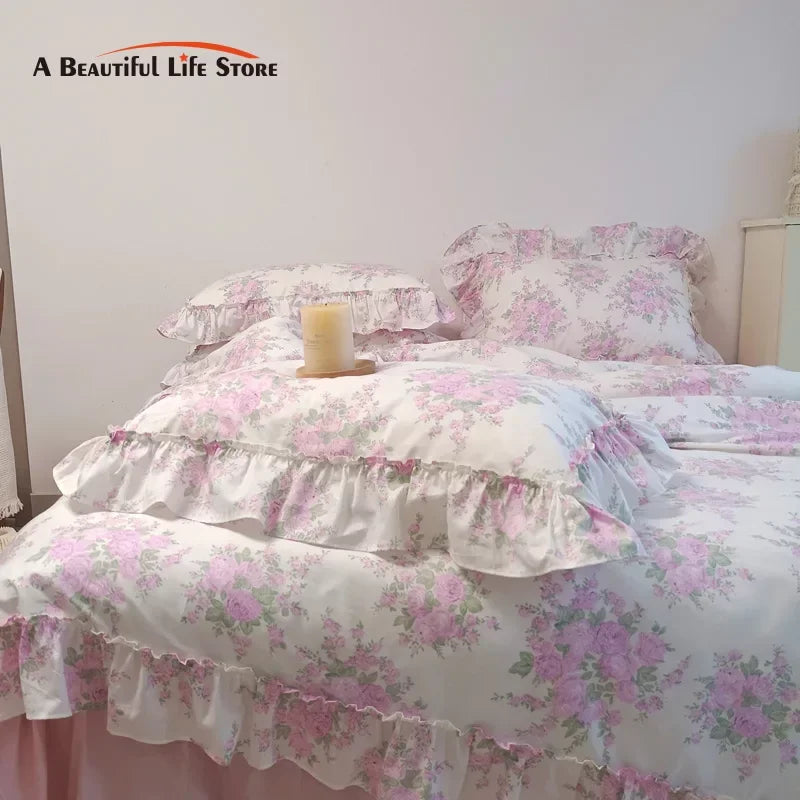 Decobites French Rose Flowers Print Lace Ruffles Cotton Bedding Set - Duvet, Bed Skirt, Sheets & Pillowcases