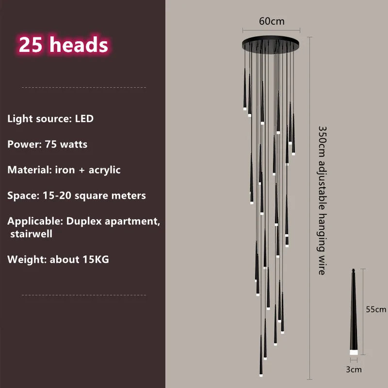 DecorBites™ Loft Black LED Stair Chandelier for Modern Living Room and Restaurant