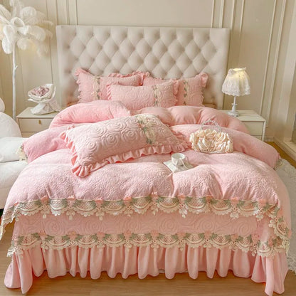 Decobites Pink Flowers Lace Ruffles Princess Velvet Bedding Set