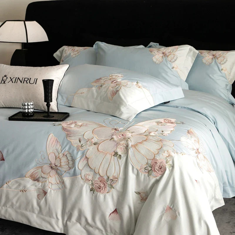 Decobites Luxe Butterfly Flowers Embroidery Bedding Set 800TC Egyptian Cotton Duvet Covers Sheets Pillowcases