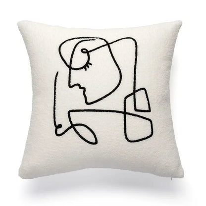 DecorBites™ Lambswool Face Embroidered Cushion Cover 45x45 - Beige White Abstract Art Pillowcase