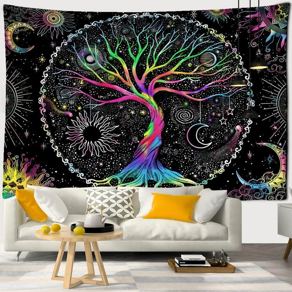 Tapiz abstracto del Árbol de la Vida para colgar en la pared de DecorBites™ - Arte psicodélico hippie