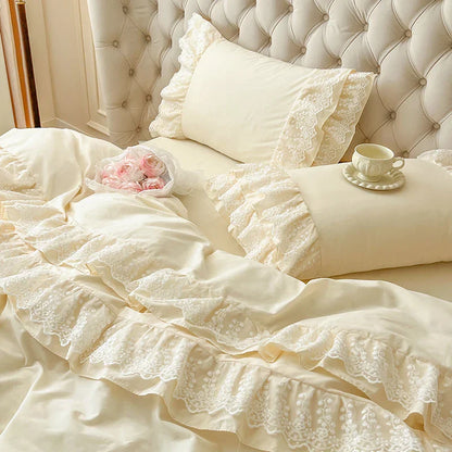 Decobites Princess Style Lace Ruffles Bedding Set with Pillowcase 4Pcs