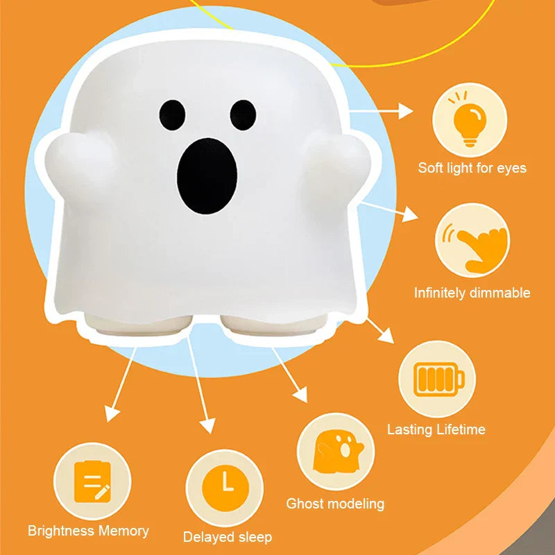 DecorBites™ Boo Ghost Silicone Lamp: Touch Sensor Dimmable LED Night Light for Kids