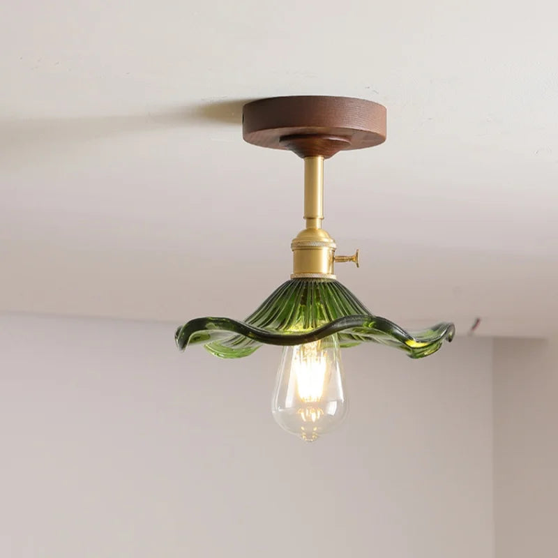 Green Glass Ceiling Lamp Copper Wood Accent