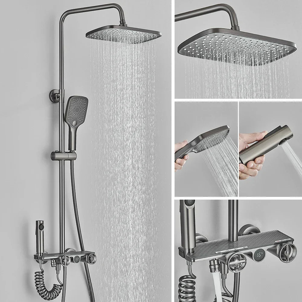 Juego de grifería termostática digital para ducha DecorBites™ gris con sistema de lluvia