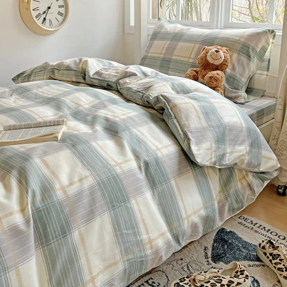 DecorBites™ Cotton Grid Pattern Bedding Set with Duvet Cover & Pillowcases for Double Bed