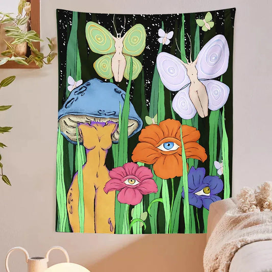 Decobites Psychedelic Mushroom Girl Botanical Floral Tapestry Wall Hanging