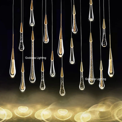 Large Raindrop Glass Stair Chandelier Long Pendant Lights Luxury Decor High Ceiling Living Kitchen Bedroom Decoration Led Lamp